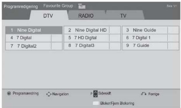 Programredigering Favourite Group DTV RADIO TV 1 Nine Digital 2 Nine Digital HD 3 Nine Guide 4 7 Digital 5 7 HD Digital 6 7 Digital 1 7 7 Digital2 8 7 Digital3 9 7 Guide Programændring Navigation P Sideskift Forrige BlokenFjorn Blokoring