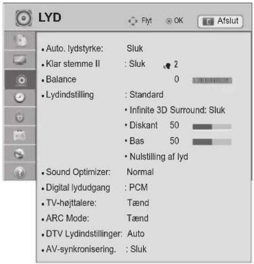 LYD • Auto. lydstyrke: Sluk • Klar stemme II : Sluk 2 • Balance 0 • Lydindstilling : Standard • Infinite 3D Surround: Sluk • Diskant 50 • Bas 50 • Nulstilling af lyd • Sound Optimizer: Normal • Digital lydudgang : PCM • TV-højttalere: Tænd • ARC Mode: Tænd • DTV Lydindstillinger: Auto • AV-synkronisering: Sluk