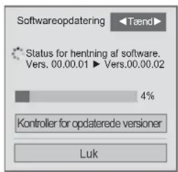 Softwareopdatering Status for hentning af software. Vers. 00.00.01 ▶ Vers.00.00.02 4% Kontroller for opdaterede versioner Luk