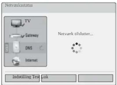 Netværksstatus TV Gateway DNS Internet Netværk tilslutter... Indstilling Test Luk