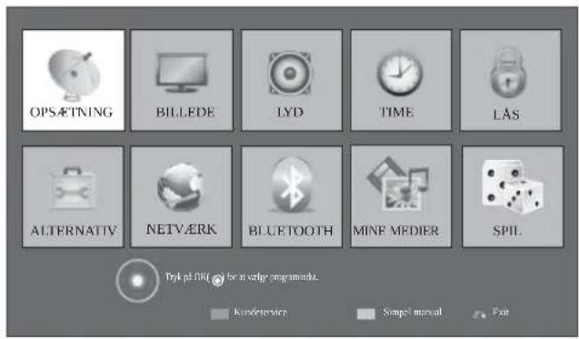 OPSÆTNING BILLEDE LYD TIME LAS ALTERNATIV NETVÆRK BLUETOOTH MINE MEDIER SPIL Tryk pfl fik (g) for in velge programminder. Kundetservice Simple manual Fair