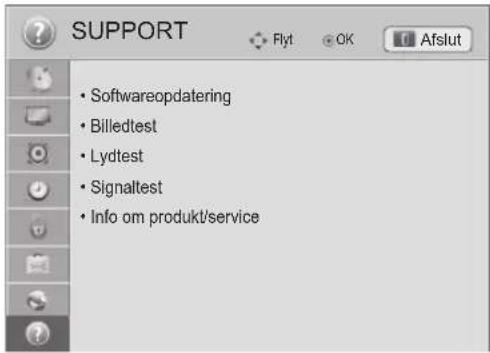 SUPPORT • Softwareopdatering • Billedtest • Lydtest • Signaltest • Info om produkt/service