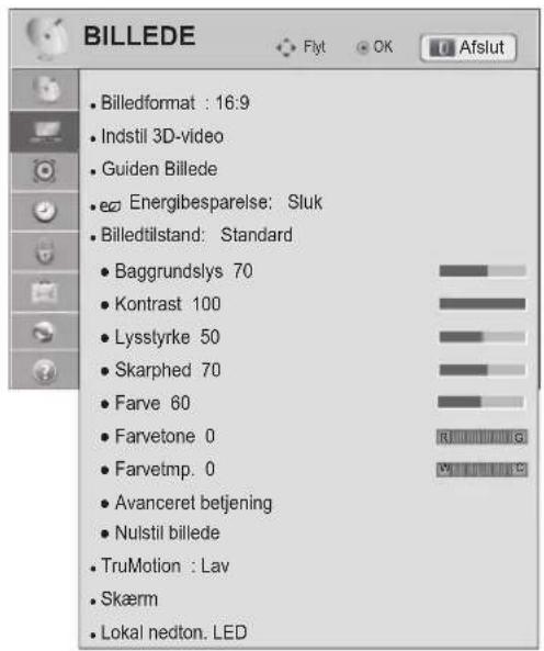 BILLEDE • Billedformat : 16:9 • Indstil 3D-video • Guiden Billede • Energibesparelse: Sluk • Billedtilstand: Standard • Baggrundslys 70 • Kontrast 100 • Lysstyrke 50 • Skarphed 70 • Farve 60 • Farvetone 0 • Farvetmp. 0 • Avanceret betjening • Nulstil billede • TruMotion : Lav • Skærm • Lokal nedton. LED