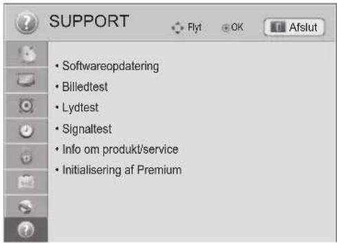 SUPPORT • Softwareopdatering • Billedtest • Lydtest • Signaltest • Info om produkt/service • Initialisering af Premium