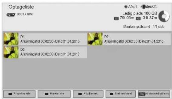 Optageliste USB1 xlick Afsplil Ideskift Ledig plads 100 GB 79t 03m 31t 37m Markningsildstand 1/1 side D1 Afspliningstid 00:02:30 /Data:01.01.2010 D2 Afspliningstid 00:02:30 /Data:01.01.2010 D3 Afspliningstid 00:02:30 /Data:01.01.2010 ■ Afspliner site ■ Marker site ■ Afsplimark ■ Slot markered ■ Field trackings/stop