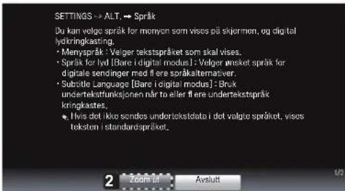 SETTINGS -> ALT. → Språk Du kan volge språk for menyon som visos på skjormen, og digital lydkringkasting. • Menyspråk: Velger tekstspråket som skal vises. • Språk for lyd [Bare i digital modus]: Velger ønsket språk for digitale sendinger med flere språkalternativer. • Substitute Language [Bare i digital modus]: Bruk undertekstfunksjonen når to eller flere undertekstspråk kringkastes. • Ivis det ikke sondes undertekstdata i dot valgte språket, vises teksten i standardspråket.