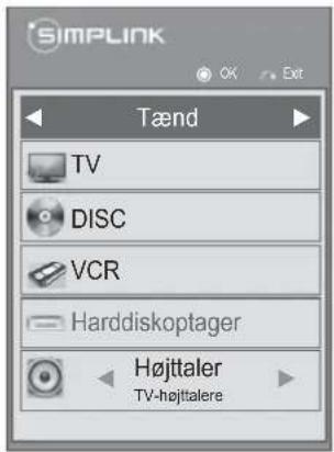 SIMPLINK Tænd TV DISC VCR Harddiskoptager Højttaler TV-højttalere