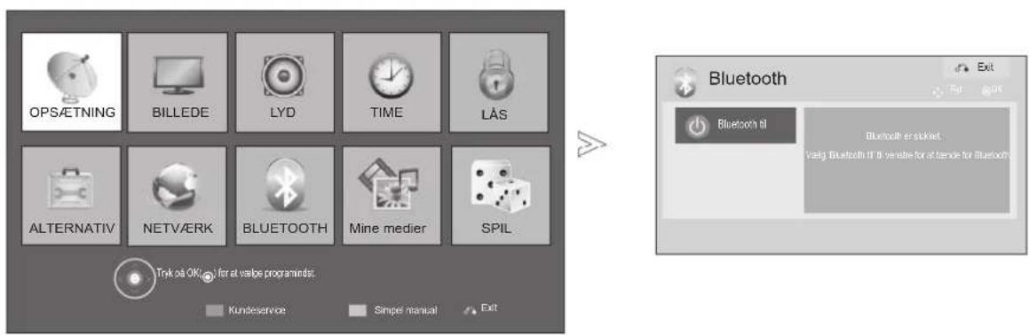 OPSÄETNING BILLEDE LYD TIME LÅS ALTERNATIV NETVÆRK BLUETOOTH Mine medier SPIL Bluetooth Bluetooth til Bluetooth er stikket. Valid Bluetooth if it versione for at tende for Bluetooth Tryk på OK, for at valpe programindst. Kundeservice Simpé manual Exit