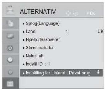 ALTERNATIV Sprog(Language) Land : UK Hjælp deaktiveret Strømindikator Nulstil alt Indstil ID : 1 Indstilling for tilstand ; Privat brug