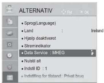 ALTERNATIV • Sprog(Language) • Land : Ireland • Hjælp deaktiveret • Strømindikator • Data Service : MHEG • Nulstil alt • Indstill ID : 1 • Indstilling for tilstand : Privat.brug