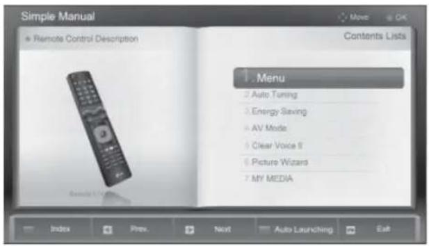 Simple Manual Remote Control Description Contents Lists 1. Menu 2 Auto Tuning 3 Energy Saving 4 AV Mode 5 Clear Voice II 6 Picture Wizards 7 MY MEDIA