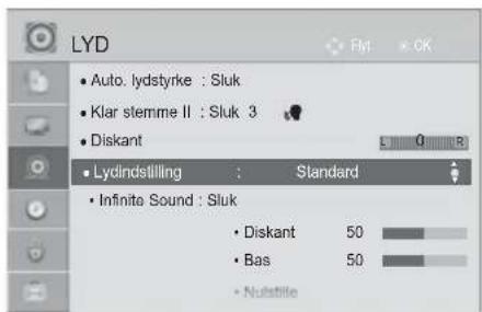 LYD • Auto: lydstyrke : Sluk • Klar stemme II : Sluk 3 • Diskant • Lydindstilling : Standard • Infinite Sound : Sluk • Diskant 50 • Bas 50 • Nullstille