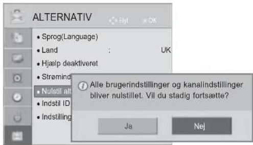 ALTERNATIV • Sprog(Language) • Land : UK • Hjælp deaktiveret • Strømind • Nulstil alt • Indstil ID • Indstilling Alle brugerindstillinger og kanalindstillinger bliver nulstillet. Vil du stadig fortsætte? Ja Nej