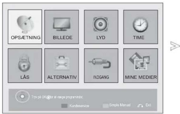 OPSÆTNING BILLEDE LYD TIME LÅS ALTERNATIV INDGANG MINE MEDIER Tryk på OK og for at varpe programindst. Kundeservice Simple Manual Exit