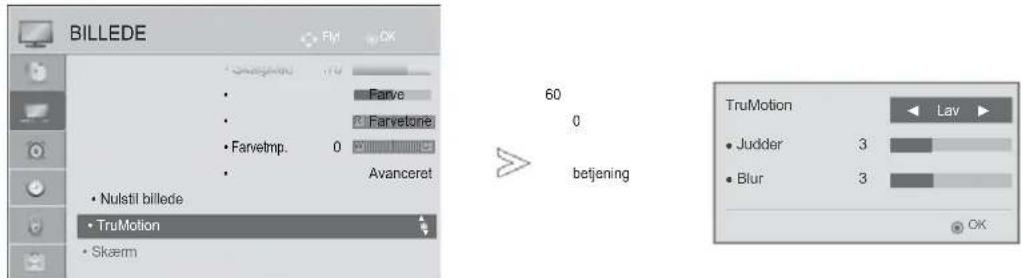 BILLEDE FM OK Farve Farvetone FarvTemp. 0 Avanceret Nulstil billede TruMotion Skaerm 60 0 betjening TruMotion Lav Judder 3 Blur 3 OK