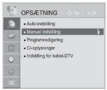 OPSÆTNING • Auto-indstilling • Manuel indstilling • Programredigering • CI-oplysninger • Indstilling for kabel-DTV