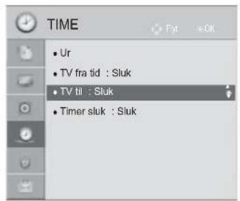 TIME • Ur • TV fra tid : Sluk • TV til : Sluk • Timer sluk : Sluk