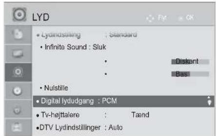 LYD • Lydindstilling : Standard • Infinite Sound : Sluk • • • Nulstille • Digital lydudgang : PCM • Tv-højttalere : Taend • DTV Lydindstillinger : Auto