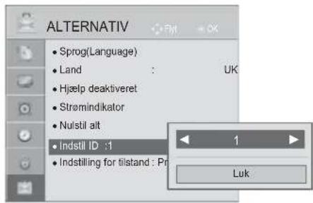 ALTERNATIV • Sprog(Language) • Land : UK • Hjælp deaktiveret • Strømindikator • Nulstil alt • Indstill ID :1 • Indstilling for tilstand : Pr 1 Luk