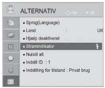 ALTERNATIV • Sprog(Language) • Land : UK • Hjælp deaktiveret • Stramindikator • Nulstil alt • Indstil ID : 1 • Indstilling for tiistand : Privat brug
