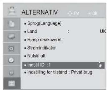 ALTERNATIV • Sprog(Language) • Land : UK • Hjælp deaktiveret • Strømindikator • Nulstil alt • Indstil ID :1 • Indstilling for tilstand : Privat brug