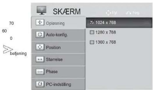 SKÆRM Oplasning 1024 x 768 Auto-konfig. 1280 x 768 1360 x 768 Position Størrelse Phase PC-indstilling