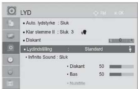 LYD • Auto: lydstyrke : Sluk • Klar stemme II : Sluk 3 • Diskant • Lydlndstilling : Standard • Infinite Sound : Sluk • Diskant 50 • Bas 50 • Nullstille