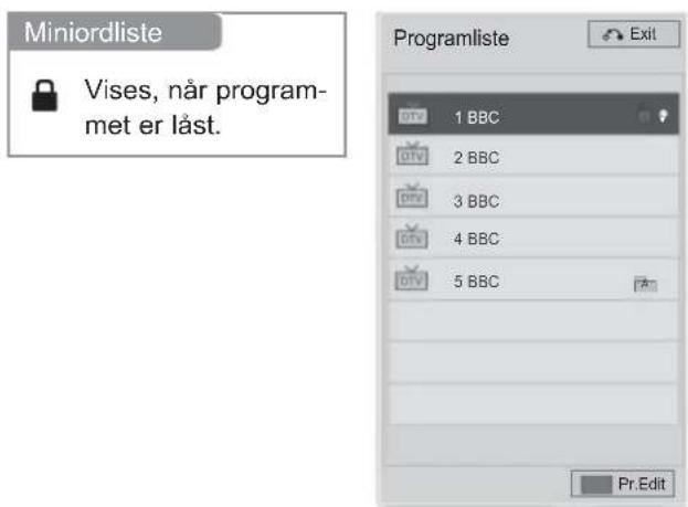 Miniordliste Vises, när program- met er låst. Programliste 1 BBC 2 BBC 3 BBC 4 BBC 5 BBC Pr.Edit