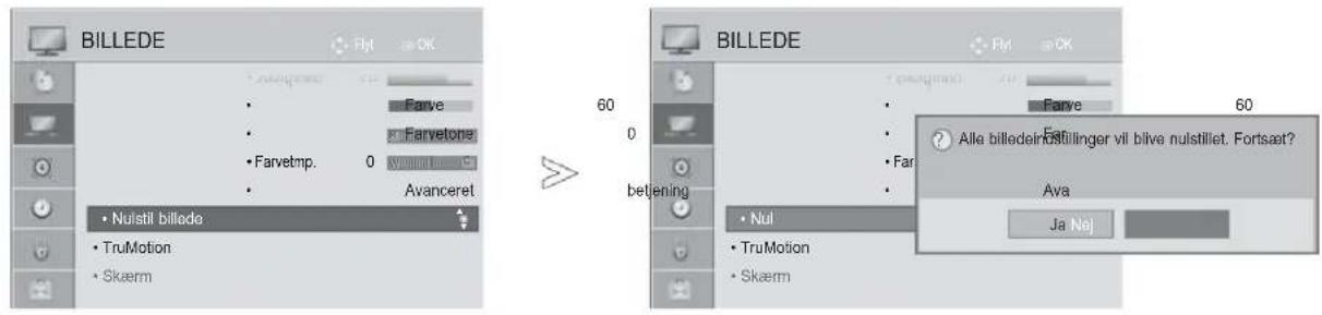BILLEDE Fyt OK • Farve • Farvetone • Farvemp. 0 Avanceret • Nulstil billode • TruMotion • Skærm 60 0 betiening • Nul • TruMotion • Skærm BILLEDE Fyt OK • Farve • Farve • Fert • Aile billedeirnstillinger vil blive nulstillet. Fortsaat? • Ava Ja NaJ