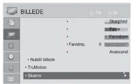BILLEDE Skarphed Farve Faryetone Farvetmp. 0 Avanceret Nulstil billede TruMotion Skærm