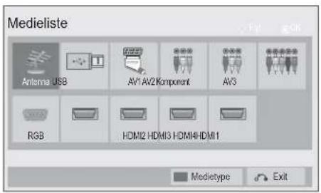 Medieliste Antenna USB AV1 AW2 Component AV3 RGB HDMI2 HDMI3 HDMI4 HDMI1 Medietype Exit
