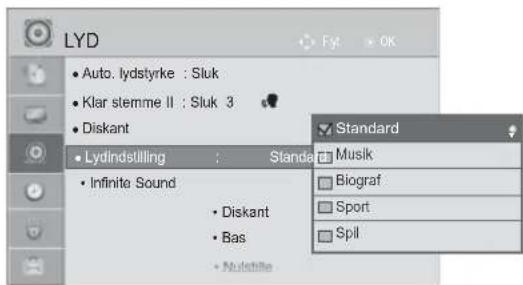 LYD • Auto. lydstyrke : Sluk • Klar stemme II : Sluk 3 • Diskant • Lydindstilling : Standard • Infinite Sound • Diskant • Bas • Nuclehite Standard Musik Biograf Sport Spill