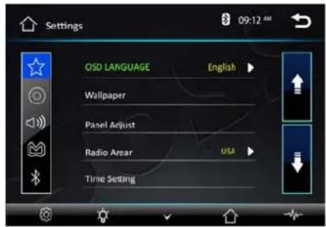 Settings 09:12 AM OSD LANGUAGE English Wallpaper Panel Adjust Radio Area USA Time Setting