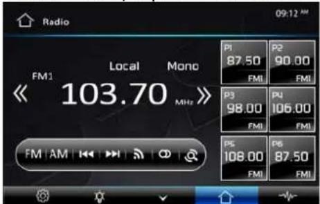 Radio 09:12 AM FM1 Local Mono << 103.70 MHz FM AM Mon P1 P2 87.50 90.00 FMI FMI P3 PU 98.00 106.00 FMI FMI P5 P6 108.00 87.50 FMI FMI