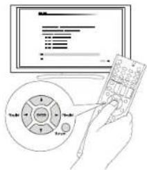 Diagram showing a hand holding a remote control with a touchscreen display and navigation arrows, likely illustrating a system or interface control.