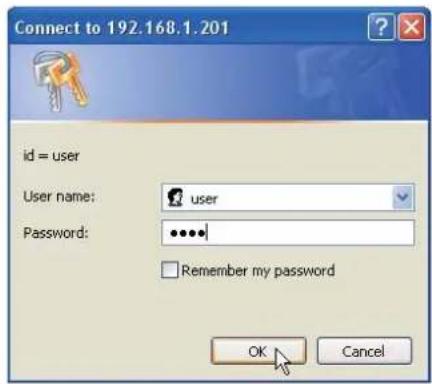 Connect to 192.168.1.201 id = user User name: user Password: ••••• Remember my password OK Cancel