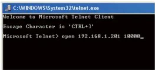 C:\WINDOWS\System32\telnet.exe Welcome to Microsoft Telnet Client Escape Character is 'CTRL+1' Microsoft Telnet> open 192.168.1.201 10000_