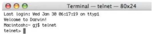 Terminal — telnet — 80x24 Last login: Wed Jan 30 06:17:19 on ttyp1 Welcome to Darwin! Macintosh:~ gj$ telnet telnet>