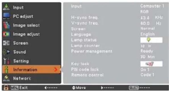 Input PC adjust Image select Image adjust Screen Sound Setting Information Network Input H-sync freq. V-sync freq. Screen Language Lamp status Lamp counter Power management Key lock PWM code lock Remote control Computer 1 RGB 13.4 KHz 60.0 Hz Normal English 32 H Ready 30 Min On 1 Code 1 VDD Exit Move Select
