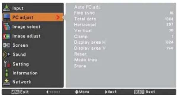 Input PC adjust Image select Image adjust Screen Sound Setting Information Network Auto PC adj. Fine sync 16 Total dots 1344 Horizontal 287 Vertical 35 Clamp 1 Display area H 1924 Display area V 758 Reset Made tree Store View Exit <---- Move Next Next