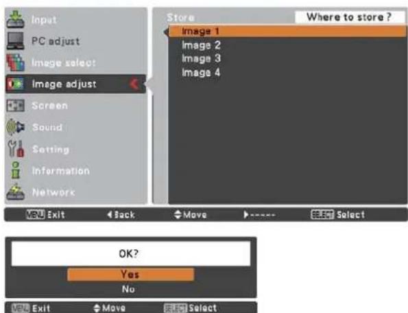 Input PC adjust Image select! Image adjust Screen Sound Setting Information Network Store Where to store ? Image 1 Image 2 Image 3 Image 4 OK? Yes No Exit Move Select