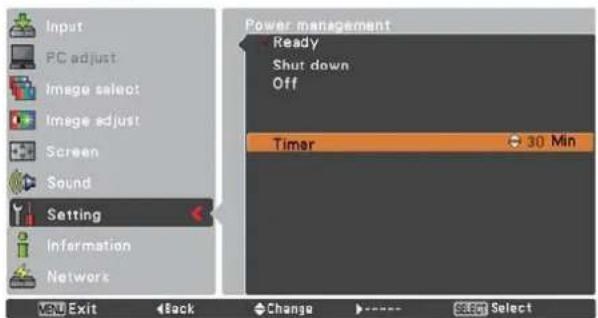 Input PC adjust Image select Image adjust Screen Sound Setting Information Network VENU Exit Back Change Change Select Select Power management Ready Shut down Off Timer 30 Min
