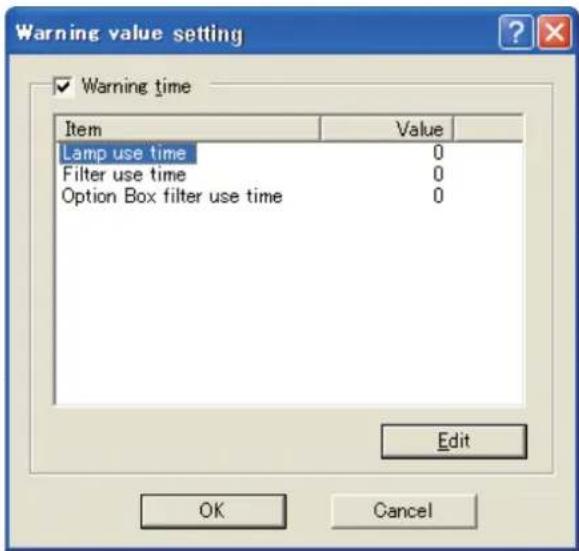 Warning value setting ✓ Warning time Item Value Lamp use time 0 Filter use time 0 Option Box filter use time 0 Edit OK Cancel
