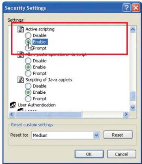 Security Settings Settings: Active scripting Disable Enable Prompt Allow paste operations via script Disable Enable Prompt Scripting of Java applets Disable Enable Prompt User Authentication Reset custom settings Reset to: Medium Reset OK Cancel