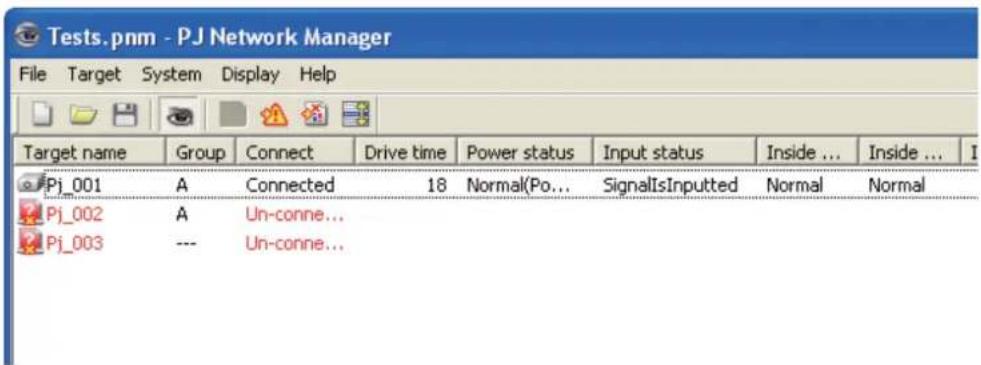 Tests.pnm - PJ Network Manager File Target System Display Help Target name Group Connect Drive time Power status.Input status Inside ... Inside ... I Pj_001 A Connected 18 Normal(Po... SignalIsInputted Normal Normal Pj_002 A Un-conne... Pj_003 --- Un-conne...
