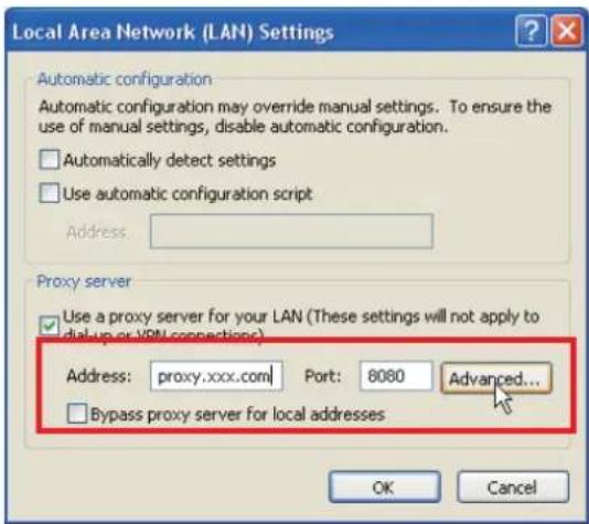 Local Area Network (LAN) Settings Automatic configuration Automatic configuration may override manual settings. To ensure the use of manual settings, disable automatic configuration. □ Automatically detect settings □ Use automatic configuration script Address: Proxy server Use a proxy server for your LAN (These settings will not apply to dial-up or VRN connections) Address: proxy.xxx.com Port: 8080 Advanced... □ Bypass proxy server for local addresses OK Cancel