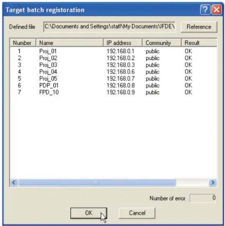 Target batch registration Defined file C:\Documents and Settings\staff\My Documents\IFDE\ Reference Number Name IP address Community Result 1 Proj_01 192.168.0.1 public OK 2 Proj_02 192.168.0.2 public OK 3 Proj_03 192.168.0.3 public OK 4 Proj_04 192.168.0.6 public OK 5 Proj_05 192.168.0.7 public OK 6 PDP_01 192.168.0.8 public OK 7 FPD_10 192.168.0.9 public OK Number of error 0 OK Cancel