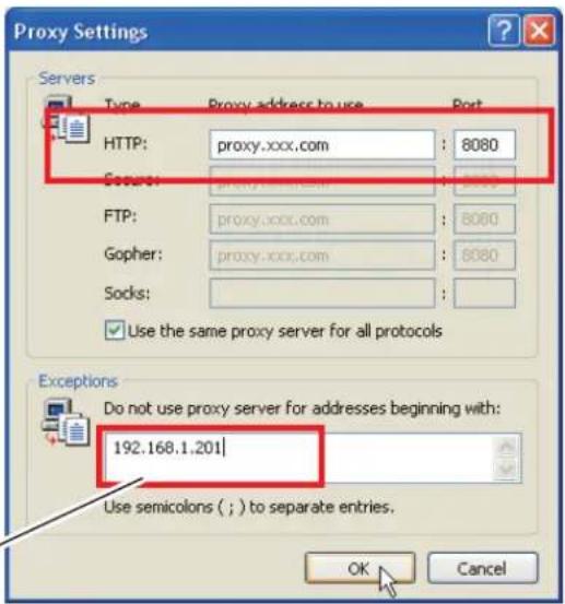 Proxy Settings Servers Type Proxy address to use Port HTTP: proxy.xxx.com : 8080 Source: proxy.xxx.com : 8080 FTP: proxy.xxx.com : 8080 Gopher: proxy.xxx.com : 8080 Socks: ✓ Use the same proxy server for all protocols Exceptions Do not use proxy server for addresses beginning with: 192.168.1.201 Use semicolons ( ; ) to separate entries. OK Cancel