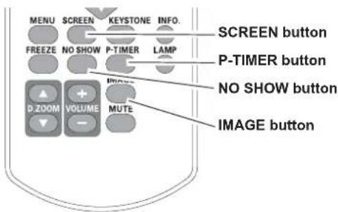 MENU SCREEN KEYSTONE INFO. FREEZE NO SHOW P-TIMER LAMP SCREEN button P-TIMER button NO SHOW button D.ZOOM VOLUME MUTE IMAGE button