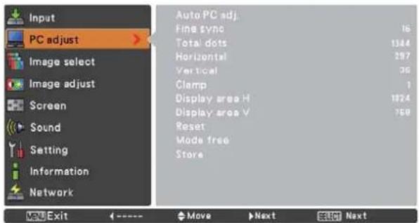 Input PC adjust Image select Image adjust Screen Sound Setting Information Network Auto PC adj. Fine sync 16 Total dots 1344 Horizontal 297 Vertical 36 Clamp 1 Display area H 1824 Display area V 759 Reset Mode free Store View Exit <---- Move Next Select Next
